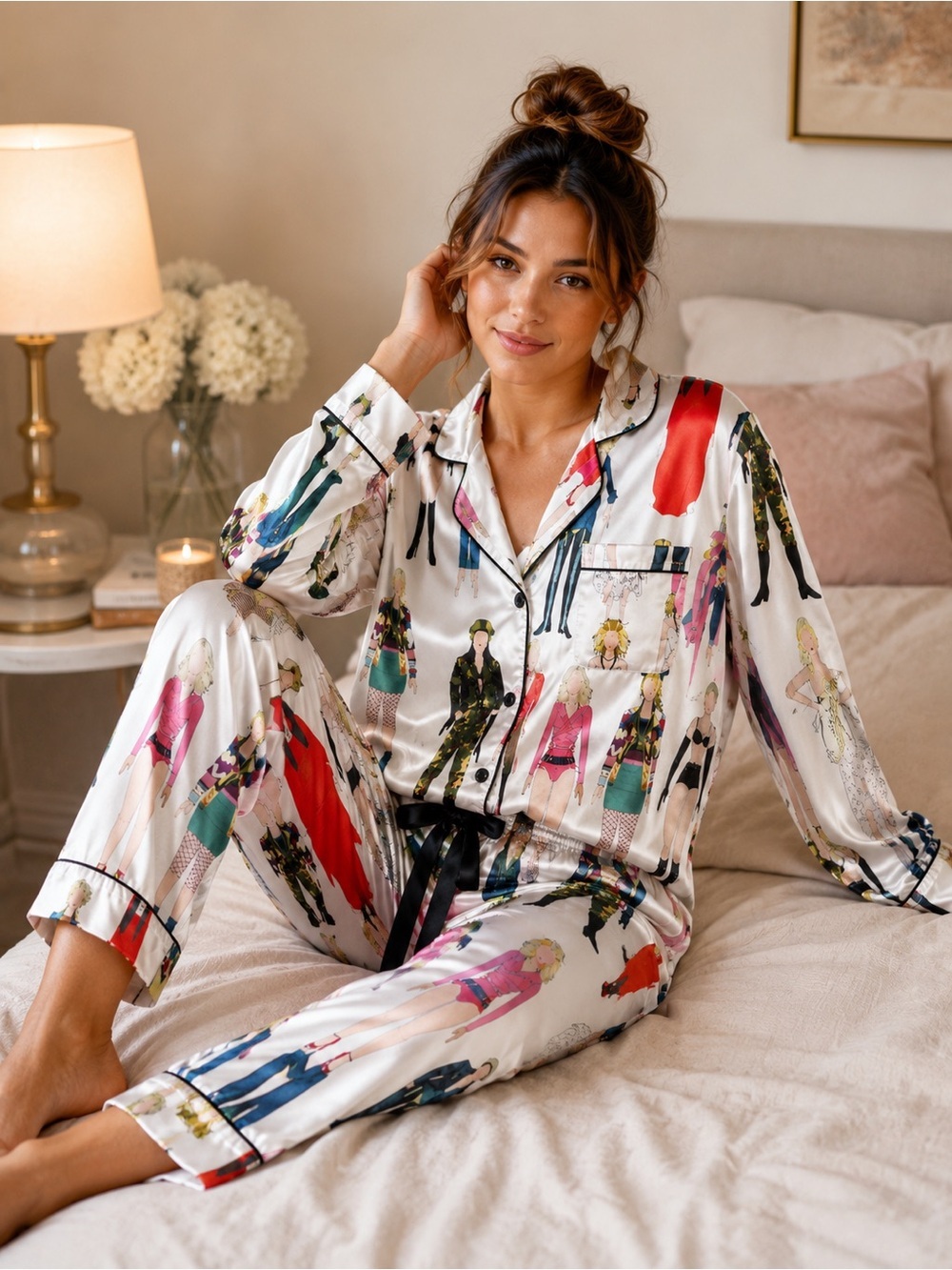 NWT Sheshow Satin Fashion Illustration Pajama Set Long Sleeve Button Up Lounge S